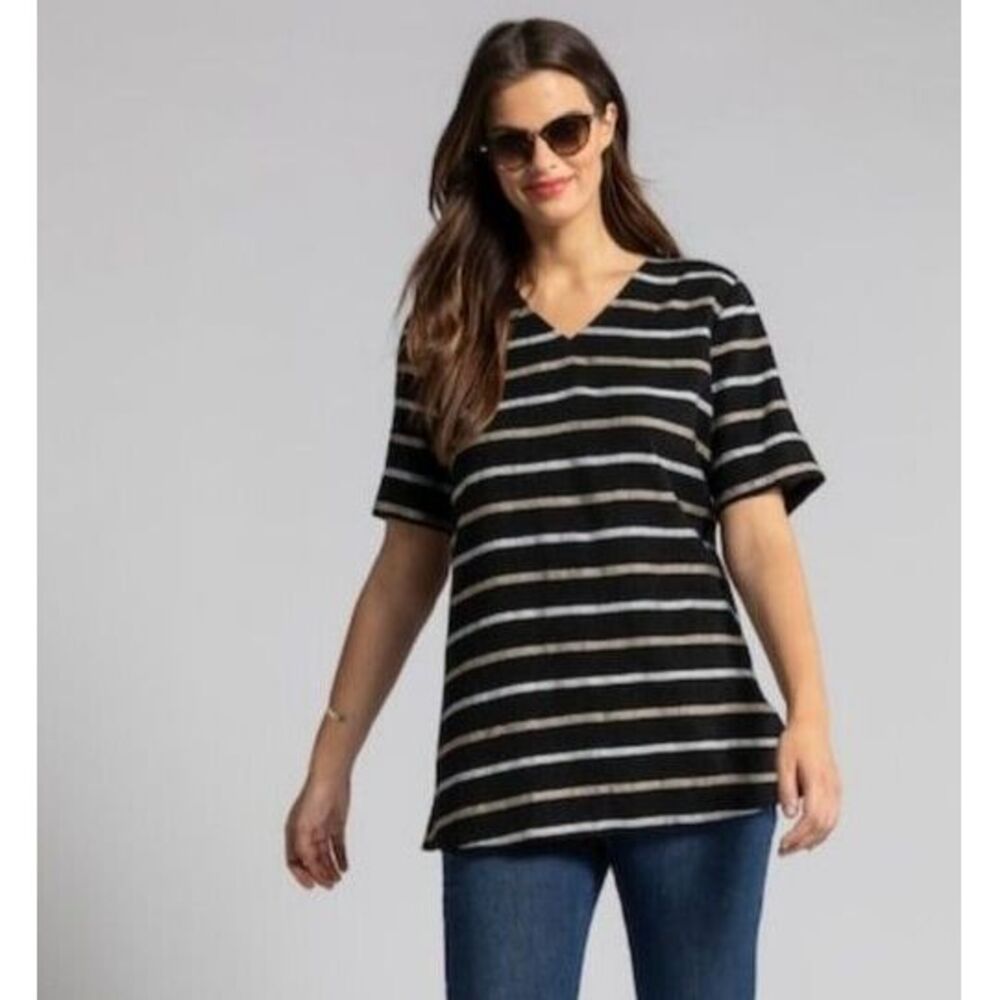 Ulla Popken Tunic Top Size 20/22 Linen Blue Striped Short Sleeve Lagenlook